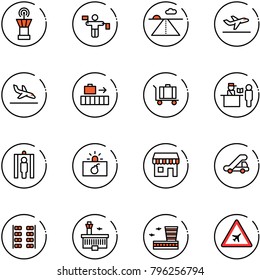 line vector icon set - airport tower vector, traffic controller, runway, departure, arrival, baggage, passport control, metal detector gate, terrorism, duty free, trap truck, plane seats, building