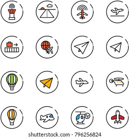 line vector icon set - airport tower vector, runway, plane radar, departure, baggage, globe, paper, fly, air balloon, helicopter, toy