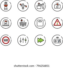 line vector icon set - airport tower vector, traffic controller, passport control, terrorism, officer window, building, floor scales, light road sign, customs, settings, fast forward