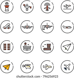 line vector icon set - airport tower vector, traffic controller, plane radar, departure, trap truck, boarding passengers, small, seats, building, paper, fly, helicopter