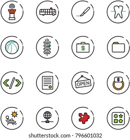 line vector icon set - airport tower vector, bus, scalpel, tooth, basketball ball, spica, money case, folder, tag code, agreement, open, finger ring, beach, globe, puzzle, cube hole toy