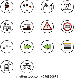 line vector icon set - airport tower vector, traffic controller, passport control, officer window, building, light road sign, customs, settings, fast forward, backward, jalousie, remote