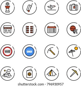 line vector icon set - airport tower vector, suitcase, departure, duty free, plane seats, schedule, globe, customs road sign, bus, rock axe, beach, mountains, passport, tent