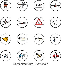 line vector icon set - airport tower vector, runway, departure, plane, boarding passengers, small, road sign, paper fly, helicopter, toy