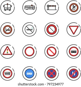 line vector icon set - airport bus vector, barrier, no mobile sign, smoking, prohibition road, giving way, traffic light, customs, stop, parking even