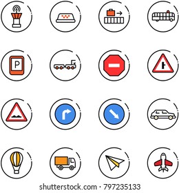 line vector icon set - airport tower vector, taxi, baggage, bus, parking sign, truck, no way road, intersection, rough, only right, detour, limousine, air balloon, toy, paper plane