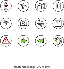 line vector icon set - airport tower vector, traffic controller, passport control, metal detector gate, terrorism, officer window, building, floor scales, light road sign, fast forward, backward