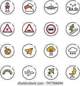 line vector icon set - airport tower vector, clouds, plane, christmas landscape, road sign, artificial unevenness, no bus, career, moon flag, paper fly, cloud ladder, rain, rainbow, kite, lamp