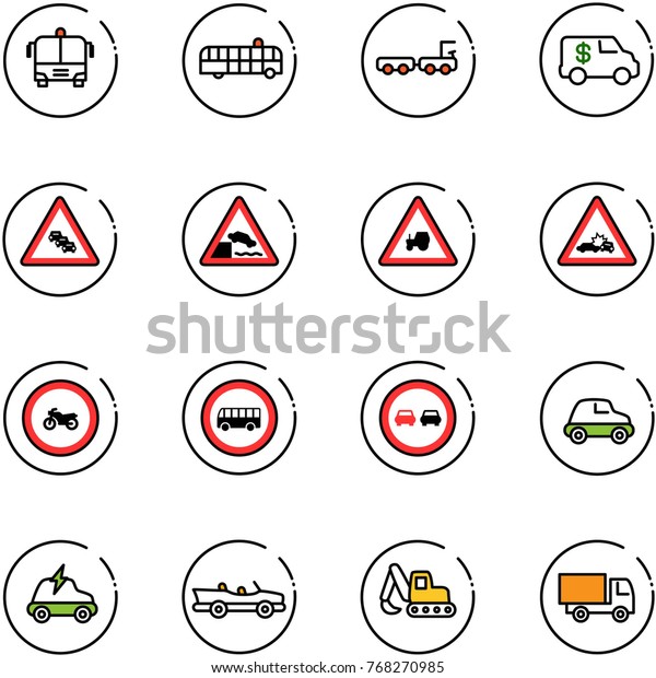 line vector\
icon set - airport bus vector, baggage truck, encashment car, multi\
lane traffic road sign, embankment, tractor way, crash,  overtake,\
electric, cabrio, excavator\
toy