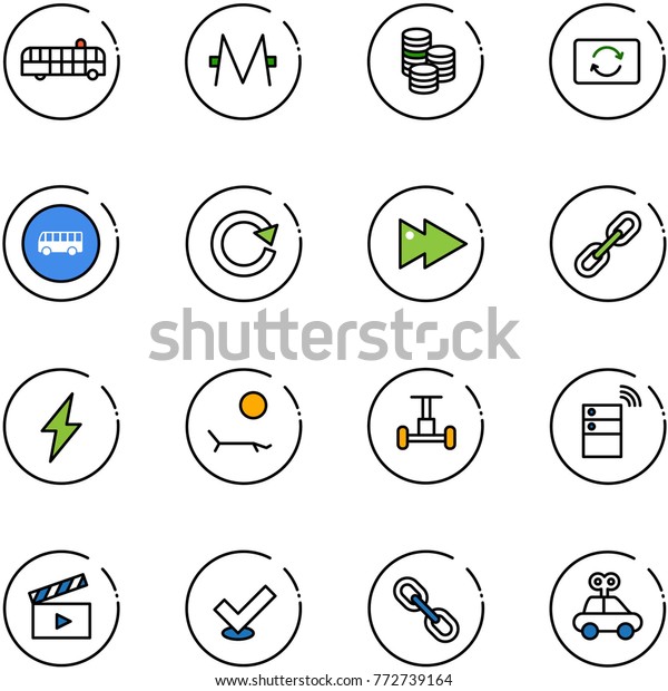 line vector icon set - airport bus vector, monero,\
coin, card exchange, road sign, reload, fast forward, link,\
lightning, lounger, gyroscope, server wireless, movie flap, check,\
car toy
