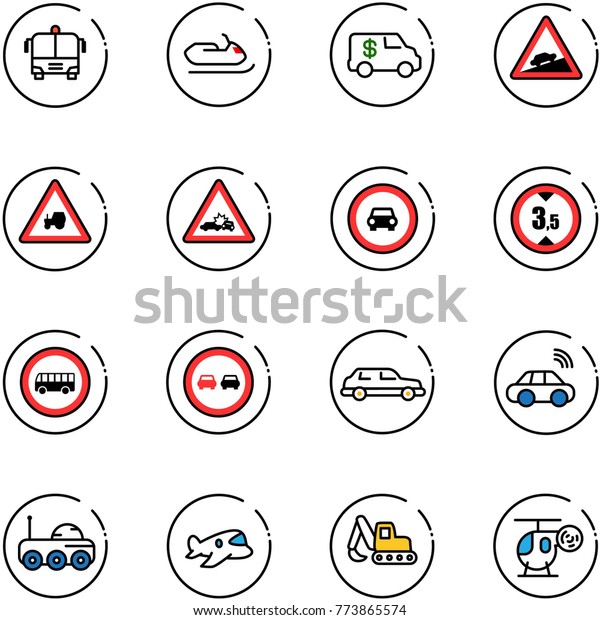 line vector icon set - airport bus vector,\
snowmobile, encashment car, climb road sign, tractor way, crash,\
no, limited height, overtake, limousine, wireless, moon rover,\
plane toy, excavator