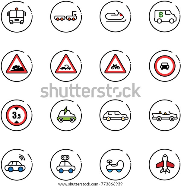 line vector icon set - airport bus vector, baggage\
truck, snowmobile, encashment car, climb road sign, crash, for\
moto, no, limited height, electric, limousine, cabrio, wireless,\
toy, baby, plane