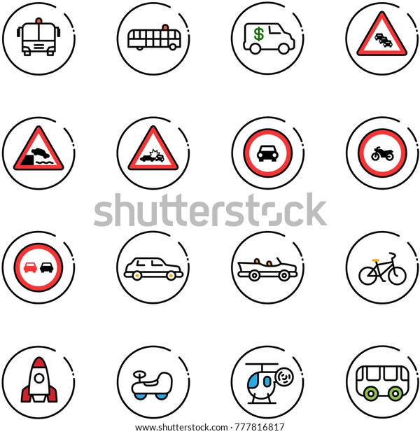line vector icon set - airport bus vector, encashment\
car, multi lane traffic road sign, embankment, crash, no, moto,\
overtake, limousine, cabrio, bike, rocket, baby, helicopter\
toy