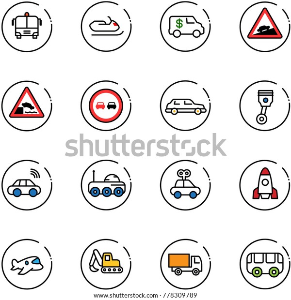 line vector icon set - airport bus vector,\
snowmobile, encashment car, climb road sign, embankment, no\
overtake, limousine, piston, wireless, moon rover, toy, rocket,\
plane, excavator, truck
