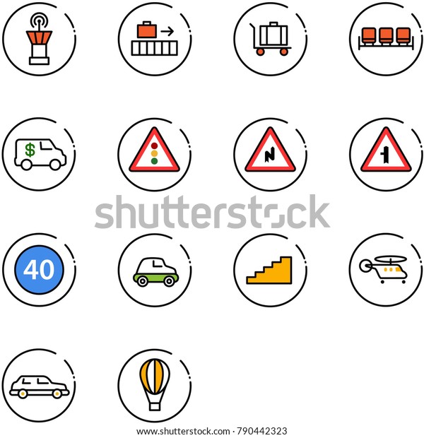 line vector icon set - airport tower vector,\
baggage, waiting area, encashment car, traffic light road sign,\
abrupt turn right, intersection, minimal speed limit, stairs,\
helicopter, limousine