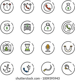 line vector icon set - alarm clock vector, phone, money bag, chest, horn, tv news, sand, microphone, luck, anchor, sickle, horse stick toy