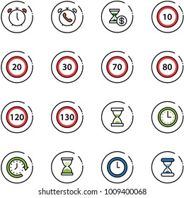 line vector icon set - alarm clock vector, phone, account history, speed limit 10 road sign, 20, 30, 70, 80, 120, 130, sand, time, around