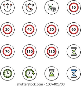 line vector icon set - alarm clock vector, phone, account history, speed limit 10 road sign, 20, 40, 50, 60, 70, 110, 130, sand, time, around