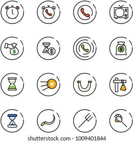 line vector icon set - alarm clock vector, phone, tv, encashment, account history, horn, money bag, sand, first satellite, luck, ship bell, sickle, farm fork, horse stick toy