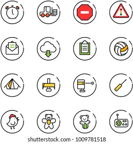 line vector icon set - alarm clock vector, fork loader, no way road sign, traffic light, opened mail, download cloud, clipboard, volleyball, tent, milling cutter, laser lever, awl, chicken toy, bear