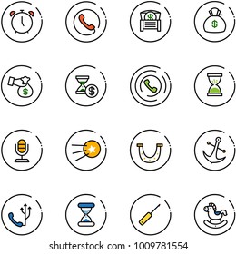 line vector icon set - alarm clock vector, phone, money chest, bag, encashment, account history, horn, sand, microphone, first satellite, luck, anchor, awl, rocking horse