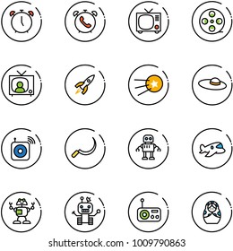 line vector icon set - alarm clock vector, phone, tv, film coil, news, rocket, first satellite, woman hat, wireless speaker, sickle, robot, plane toy, radio, russian doll