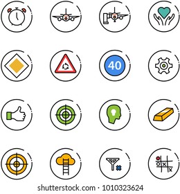 line vector icon set - alarm clock vector, plane, boarding passengers, heart care, main road sign, round motion, minimal speed limit, gear, like, target, head bulb, gold, cloud ladder, no signal