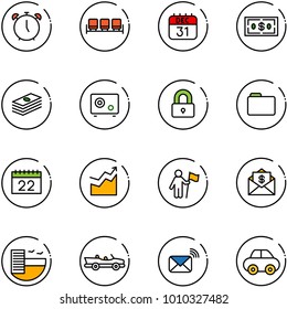 line vector icon set - alarm clock vector, waiting area, 31 dec calendar, dollar, safe, locked, folder, growth, win, mail, hotel, cabrio, wireless, car