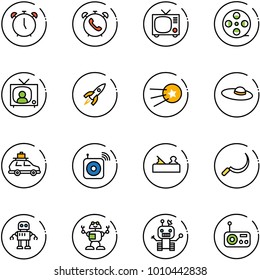 line vector icon set - alarm clock vector, phone, tv, film coil, news, rocket, first satellite, woman hat, car baggage, wireless speaker, jointer, sickle, robot, radio