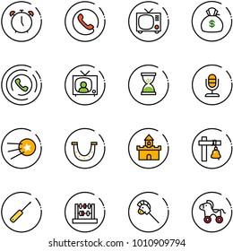 line vector icon set - alarm clock vector, phone, tv, money bag, horn, news, sand, microphone, first satellite, luck, fort, ship bell, awl, abacus, horse stick toy, wheel