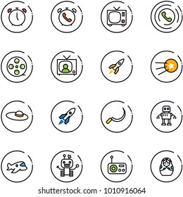 line vector icon set - alarm clock vector, phone, tv, horn, film coil, news, rocket, first satellite, woman hat, sickle, robot, plane toy, radio, russian doll