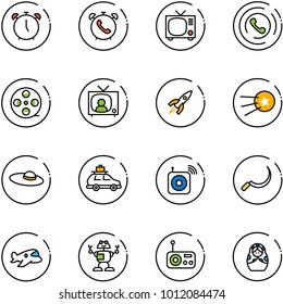 line vector icon set - alarm clock vector, phone, tv, horn, film coil, news, rocket, first satellite, woman hat, car baggage, wireless speaker, sickle, plane toy, robot, radio, russian doll