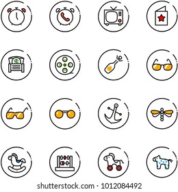line vector icon set - alarm clock vector, phone, tv, star postcard, money chest, film coil, fizz opening, sunglasses, anchor, dragonfly, rocking horse, abacus, wheel, toy