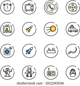 line vector icon set - alarm clock vector, tv, phone horn, film coil, news, rocket, first satellite, car baggage, wireless speaker, jointer, sickle, robot, radio, russian doll