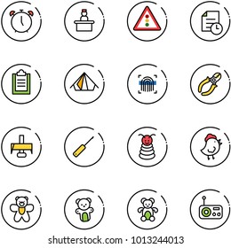 line vector icon set - alarm clock vector, recieptionist, traffic light road sign, history, clipboard, tent, fingerprint scanner, side cutters, milling cutter, awl, pyramid toy, chicken, bear, radio