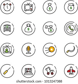 line vector icon set - alarm clock vector, tv, money bag, chest, encashment, phone horn, news, microphone, first satellite, sickle, awl, abacus, wheel horse, toy plane