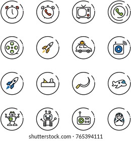 line vector icon set - alarm clock vector, phone, tv, horn, film coil, rocket, car baggage, wireless speaker, jointer, sickle, plane toy, robot, radio, russian doll