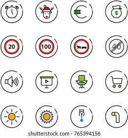 line vector icon set - alarm clock vector, christmas deer hat, euro, money bag, speed limit 20 road sign, 100, no cart horse, end, volume max, presentation board, office chair, sun, laser, allen key