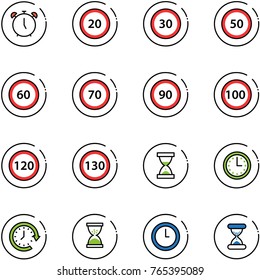 line vector icon set - alarm clock vector, speed limit 20 road sign, 30, 50, 60, 70, 90, 100, 120, 130, sand, time, around