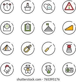 line vector icon set - alarm clock vector, recieptionist, heart diagnosis, traffic light road sign, opened mail, clipboard, pyramid flag, stairs, tent, side cutters, awl, toy, chicken, bear, radio