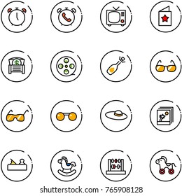 line vector icon set - alarm clock vector, phone, tv, star postcard, money chest, film coil, fizz opening, sunglasses, woman hat, photo, jointer, rocking horse, abacus, wheel