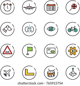 line vector icon set - alarm clock vector, plane, schedule, lollipop, dog, kidneys, eye, bike, rough road sign, flag, envelope, money managemet, corner ruler, drum, wirligig toy