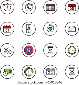 line vector icon set - alarm clock vector, phone, schedule, 25 dec calendar, 31, christmas mobile, stopwatch heart, account history, no parking even road sign, sand, time, wallet, around