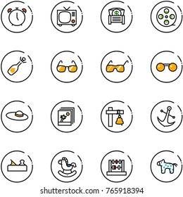line vector icon set - alarm clock vector, tv, money chest, film coil, fizz opening, sunglasses, woman hat, photo, ship bell, anchor, jointer, rocking horse, abacus, toy
