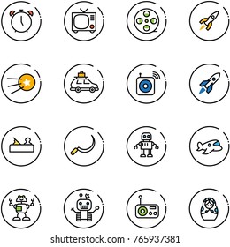 line vector icon set - alarm clock vector, tv, film coil, rocket, first satellite, car baggage, wireless speaker, jointer, sickle, robot, plane toy, radio, russian doll