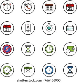 line vector icon set - alarm clock vector, phone, schedule, 25 dec calendar, 31, christmas mobile, stopwatch heart, no parking even road sign, sand, time, wallet, around