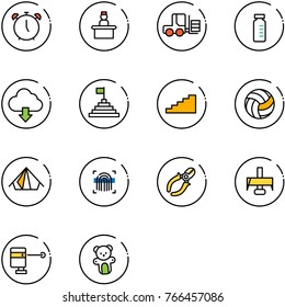 line vector icon set - alarm clock vector, recieptionist, fork loader, vial, download cloud, pyramid flag, stairs, volleyball, tent, fingerprint scanner, side cutters, milling cutter, laser lever