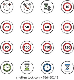 line vector icon set - alarm clock vector, phone, account history, speed limit 10 road sign, 20, 50, 60, 80, 90, 100, 110, 130, time, sand