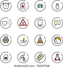 line vector icon set - alarm clock vector, star postcard, vial, pills bottle, heart beat, pedestrian road sign, phone, chat, printer, hand sproute, bank building, ball, sim, satellite, trowel