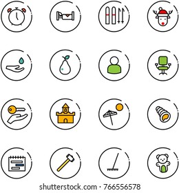 line vector icon set - alarm clock vector, hotel, ski, christmas deer hat, drop hand, pear, user, office chair, key, sand fort, beach, shell, terms plan, sledgehammer, rake, bear toy